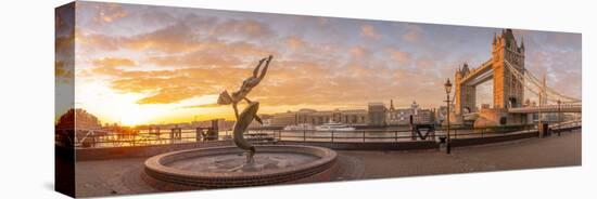 Panoramic view of Tower Bridge, Girl with Dolphin, The Shard and River Thames at sunrise, London-Frank Fell-Stretched Canvas