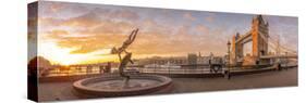 Panoramic view of Tower Bridge, Girl with Dolphin, The Shard and River Thames at sunrise, London-Frank Fell-Stretched Canvas