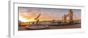 Panoramic view of Tower Bridge, Girl with Dolphin, The Shard and River Thames at sunrise, London-Frank Fell-Framed Photographic Print