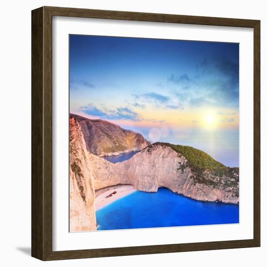 Panoramic View of Zakynthos Island, Greece with a Shipwreck on the Sandy Beach, at Sunset-Ljsphotography-Framed Photographic Print