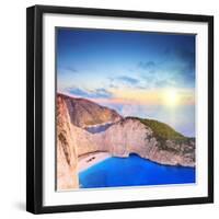 Panoramic View of Zakynthos Island, Greece with a Shipwreck on the Sandy Beach, at Sunset-Ljsphotography-Framed Photographic Print