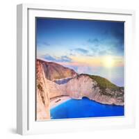 Panoramic View of Zakynthos Island, Greece with a Shipwreck on the Sandy Beach, at Sunset-Ljsphotography-Framed Photographic Print