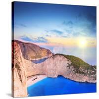 Panoramic View of Zakynthos Island, Greece with a Shipwreck on the Sandy Beach, at Sunset-Ljsphotography-Stretched Canvas