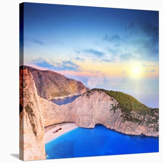 Panoramic View of Zakynthos Island, Greece with a Shipwreck on the Sandy Beach, at Sunset-Ljsphotography-Stretched Canvas