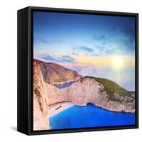 Panoramic View of Zakynthos Island, Greece with a Shipwreck on the Sandy Beach, at Sunset-Ljsphotography-Framed Stretched Canvas