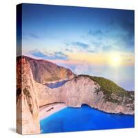 Panoramic View of Zakynthos Island, Greece with a Shipwreck on the Sandy Beach, at Sunset-Ljsphotography-Stretched Canvas