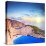 Panoramic View of Zakynthos Island, Greece with a Shipwreck on the Sandy Beach, at Sunset-Ljsphotography-Stretched Canvas