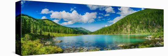 Panoramic View on Mountain Lake in Front of Mountain Range, National Park in Altai Republic, Siberi-null-Stretched Canvas