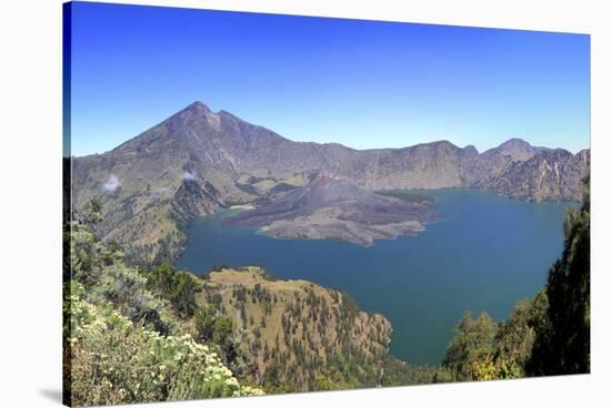 Panoramic View over the Lake Inside the Crater of Rinjani, Lombok, Indonesia-Mark Taylor-Stretched Canvas