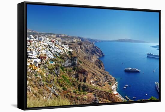 Panoramic View with Cruise Boats - Santorini-Maugli-l-Framed Stretched Canvas