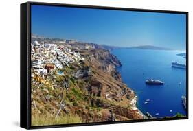 Panoramic View with Cruise Boats - Santorini-Maugli-l-Framed Stretched Canvas