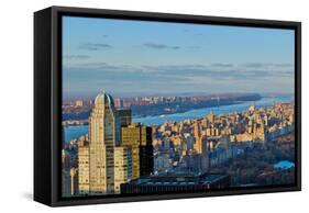 Panoramic views of New York City and Hudson River at sunset looking toward Central Park from Roc...-null-Framed Stretched Canvas