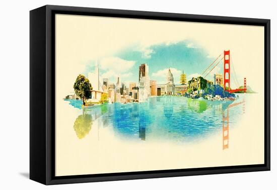 Panoramic Water Color Illustration San Francisco Scene-trentemoller-Framed Stretched Canvas