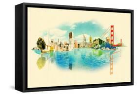 Panoramic Water Color Illustration San Francisco Scene-trentemoller-Framed Stretched Canvas