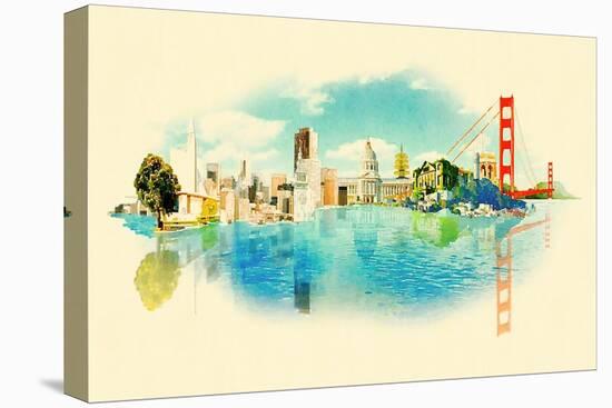 Panoramic Water Color Illustration San Francisco Scene-trentemoller-Stretched Canvas