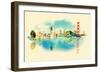 Panoramic Water Color Illustration San Francisco Scene-trentemoller-Framed Premium Giclee Print