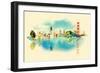 Panoramic Water Color Illustration San Francisco Scene-trentemoller-Framed Premium Giclee Print