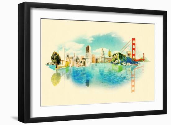 Panoramic Water Color Illustration San Francisco Scene-trentemoller-Framed Art Print