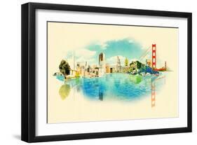 Panoramic Water Color Illustration San Francisco Scene-trentemoller-Framed Art Print