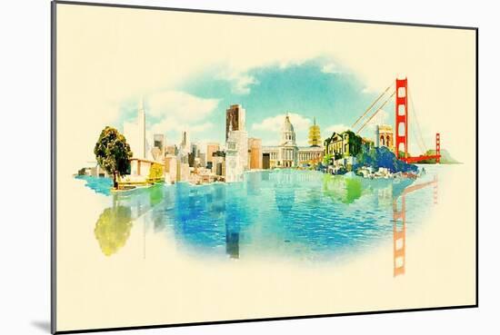 Panoramic Water Color Illustration San Francisco Scene-trentemoller-Mounted Art Print