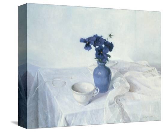 Pansies in a Blue Vase-Arthur Easton-Stretched Canvas
