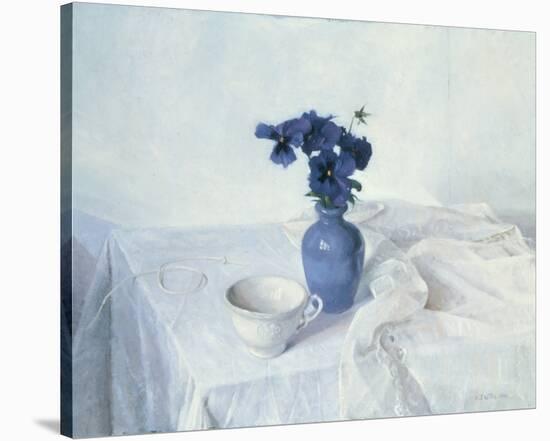 Pansies in a Blue Vase-Arthur Easton-Stretched Canvas