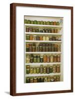 Pantry of preserved fruits and vegetables in canning jars. (PR)-Janet Horton-Framed Photographic Print