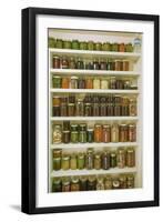 Pantry of preserved fruits and vegetables in canning jars. (PR)-Janet Horton-Framed Photographic Print