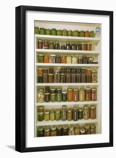 Pantry of preserved fruits and vegetables in canning jars. (PR)-Janet Horton-Framed Photographic Print