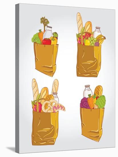 Paper Bag With Food Bread And Fruits, Vegetable-tomuato-Stretched Canvas