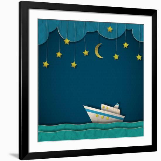 Paper Cruise Liner at Night. Creative Vector Eps 10-A-R-T-Framed Art Print