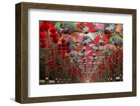 Paper Fans and Lucky Red Lanterns are Chinese New Year Decorations, Ditan Park, Beijing, China-William Perry-Framed Photographic Print