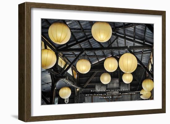 Paper Lanterns Hanging in a Barn in Charleston, SC with Thomas Edison Quote-null-Framed Photo