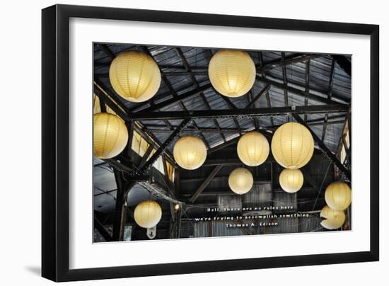 Paper Lanterns Hanging in a Barn in Charleston, SC with Thomas Edison Quote-null-Framed Photo