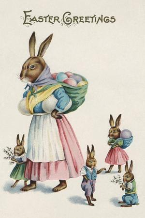 Easter Greetings Postcard with Rabbit Family