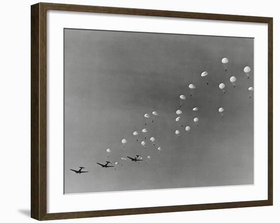 Parachutes and Military Planes in the Sky-null-Framed Photographic Print