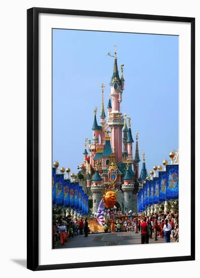 Parade in the Main Street U.S.A. with Castle of Sleeping Beauty, Disneyland Park Paris-null-Framed Art Print