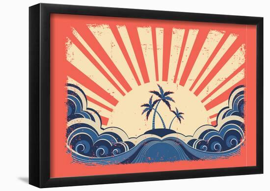 Paradise Island On Grunge Paper Background With Sun-null-Framed Poster