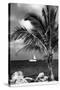 Paradise Palm Tree with a Sailboat on the Ocean - Florida-Philippe Hugonnard-Stretched Canvas