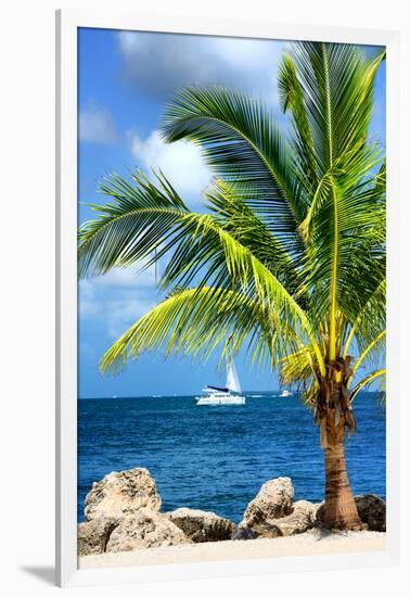 Paradise Palm Tree with a Sailboat on the Ocean - Florida-Philippe Hugonnard-Framed Photographic Print