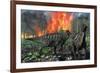 Parasaurolophus Duckbill Dinosaurs Fleeing a Deadly Forest Fire-null-Framed Art Print