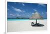 Parasol on a white sand beach and turquoise water, Sun Island Resort, Nalaguraidhoo island, Ari ato-Michael Runkel-Framed Photographic Print