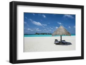 Parasol on a white sand beach and turquoise water, Sun Island Resort, Nalaguraidhoo island, Ari ato-Michael Runkel-Framed Photographic Print