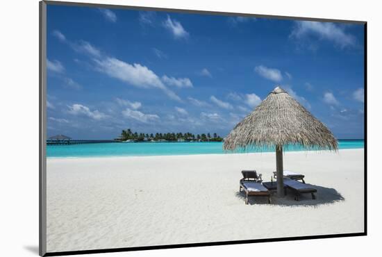 Parasol on a white sand beach and turquoise water, Sun Island Resort, Nalaguraidhoo island, Ari ato-Michael Runkel-Mounted Photographic Print
