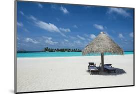 Parasol on a white sand beach and turquoise water, Sun Island Resort, Nalaguraidhoo island, Ari ato-Michael Runkel-Mounted Photographic Print