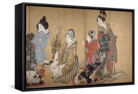 Paravent à huit volets : Neuf femmes jouant au jeu du renard-Katsushika Hokusai-Framed Stretched Canvas