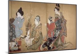 Paravent à huit volets : Neuf femmes jouant au jeu du renard-Katsushika Hokusai-Mounted Giclee Print