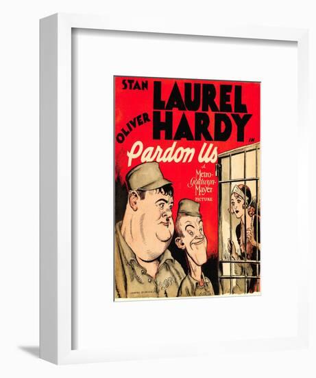 PARDON US, from left: Oliver Hardy, Stan Laurel on window card, 1931.-null-Framed Art Print