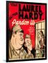 PARDON US, from left: Oliver Hardy, Stan Laurel on window card, 1931.-null-Framed Art Print