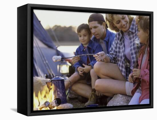 Parents And Their Children Sitting Around a Campfire Toasting Marshmallows-null-Framed Stretched Canvas